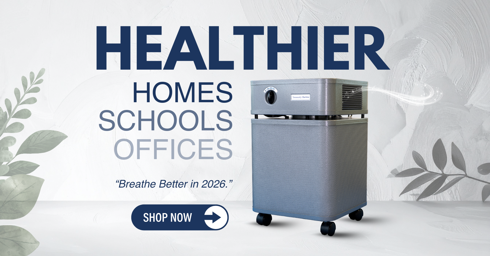 Air purifier with text promoting healthier homes, schools, and offices on a light background.