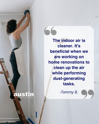 Person on a ladder working on home renovations with a quote about indoor air quality.