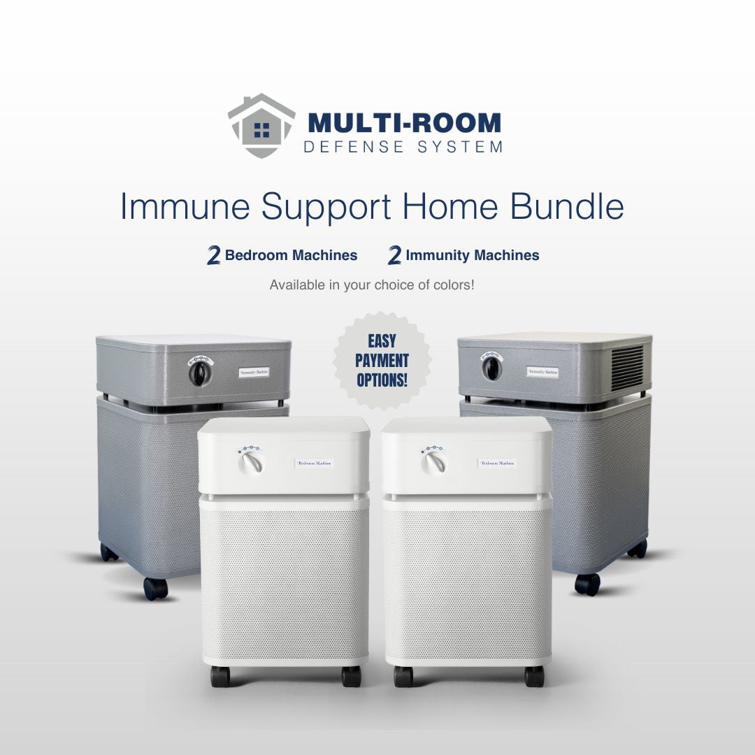 Advertisement for a Multi-Room Defense System Immune Support Home Bundle with four machines on a light gray background.