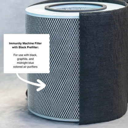 Immunity Machine Filter with Black Prefilter on a light gray background