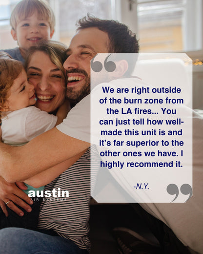 Family hugging with a testimonial overlay about Austin Air Systems