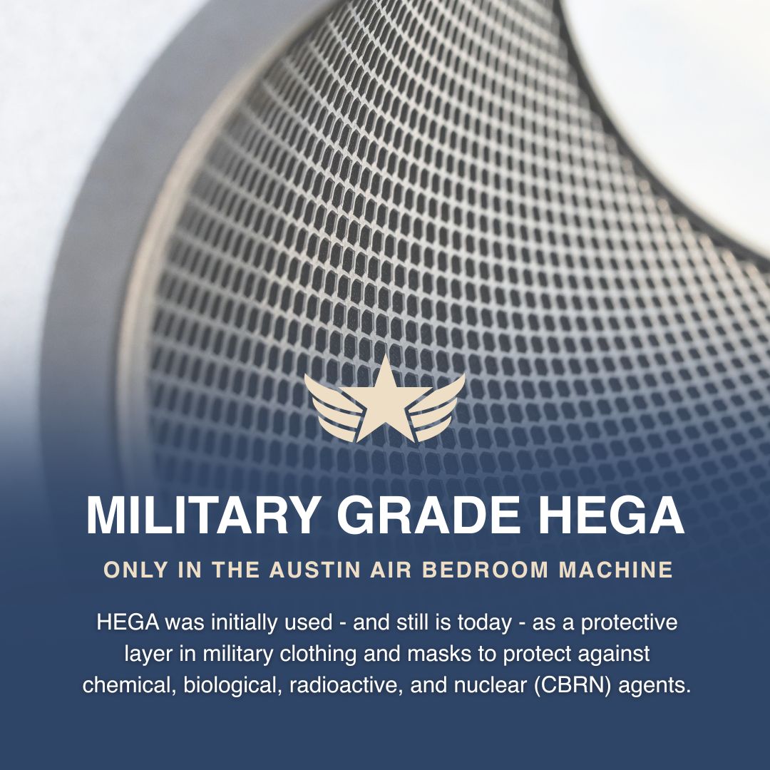 Austin Air Bedroom Machine with military grade HEGA filter and text about its uses.