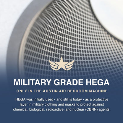 Austin Air Bedroom Machine with military grade HEGA filter and text about its uses.