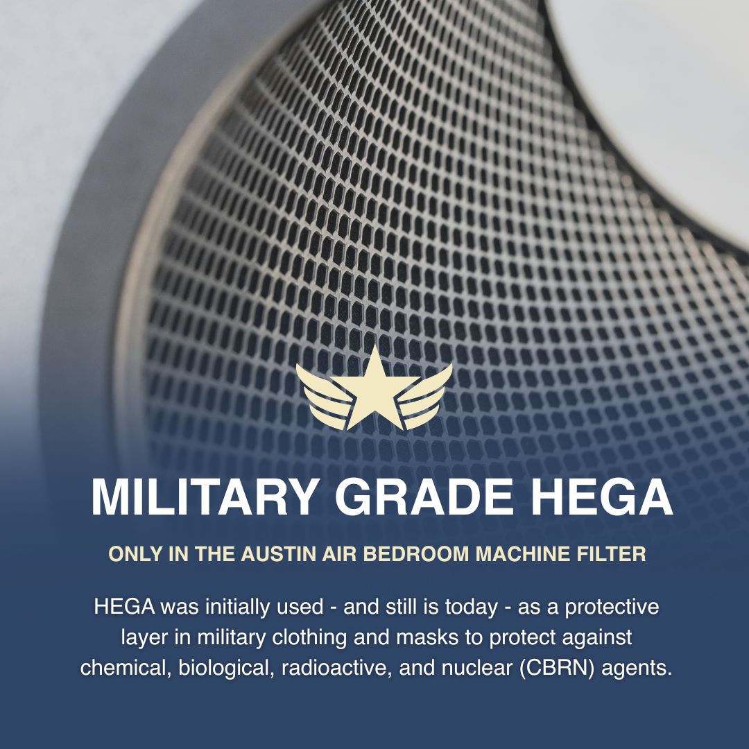 Austin Air Bedroom Machine Filter with military grade HEGA text and logo