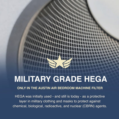 Austin Air Bedroom Machine Filter with military grade HEGA text and logo
