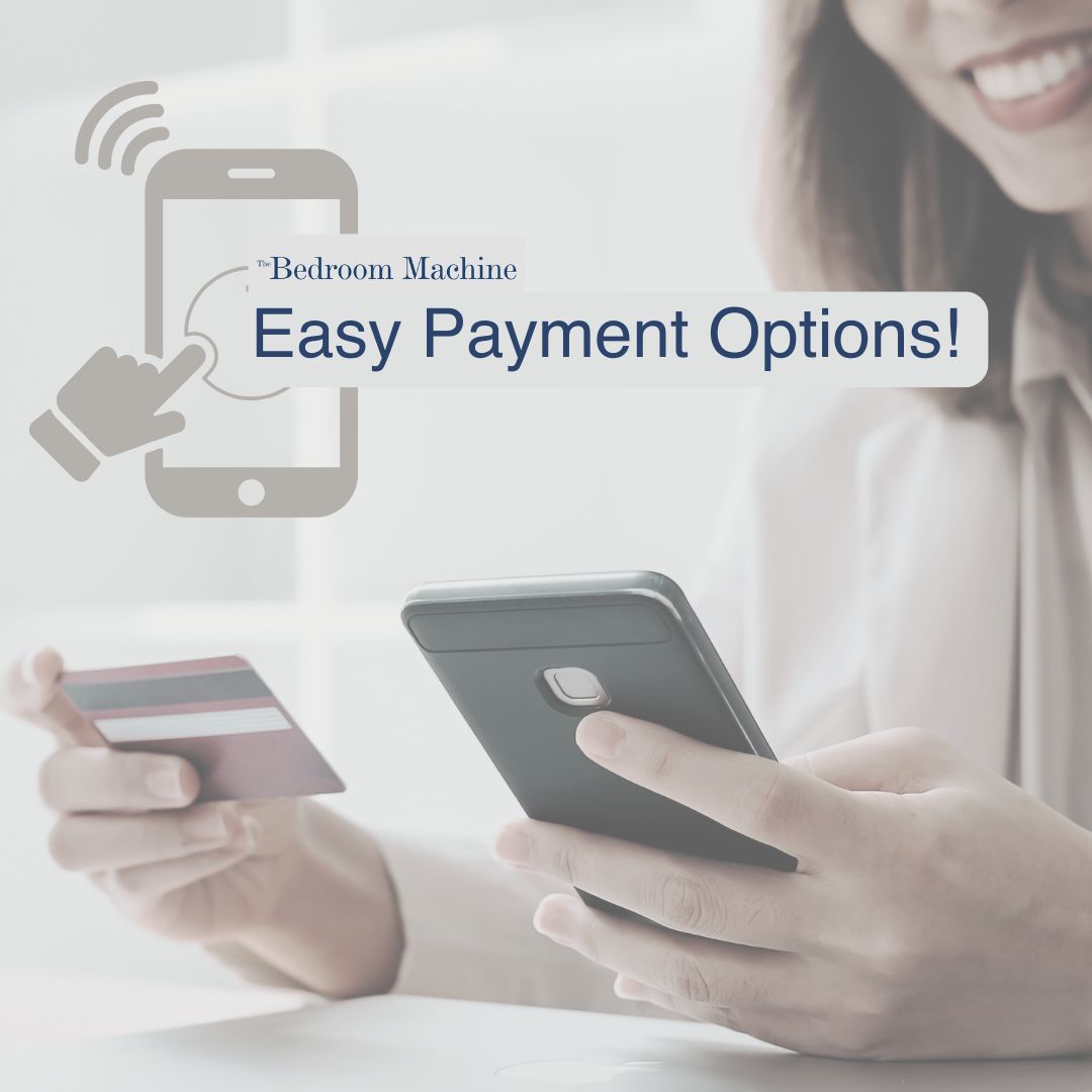 Person holding a smartphone and a credit card with text 'Easy Payment Options!' and 'Bedroom Machine' branding.