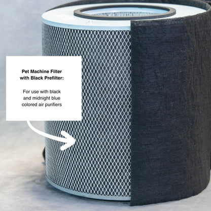 Pet machine filter with black prefilter on a gray background