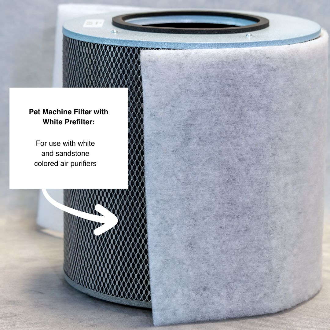 Pet machine filter with white prefilter for air purifiers on a neutral background