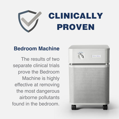 austin air bedroom machine air purifier with text highlighting clinical proven effectiveness in removing airborne pollutants from bedrooms.