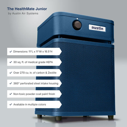 austin air healthmate junior blue air purifier with Austin Air Systems branding on a gray background