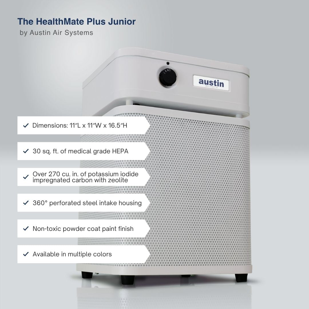 Austin Air HealthMate Plus Junior air purifier with specifications on a gray background