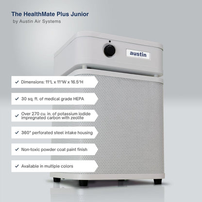 Austin Air HealthMate Plus Junior air purifier with specifications on a gray background