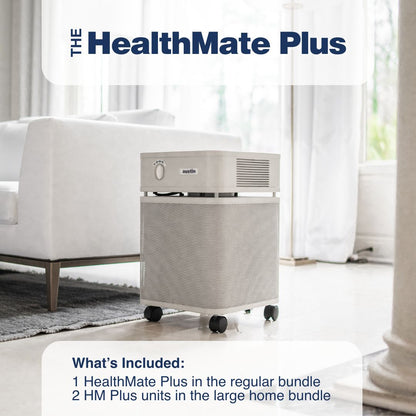 HealthMate Plus air purifier in a room with a couch and curtains