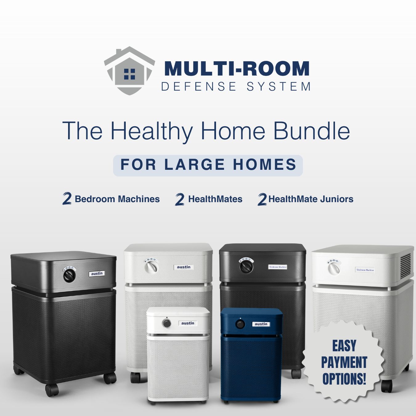 Multi-room defense system for large homes with various machines on a white background
