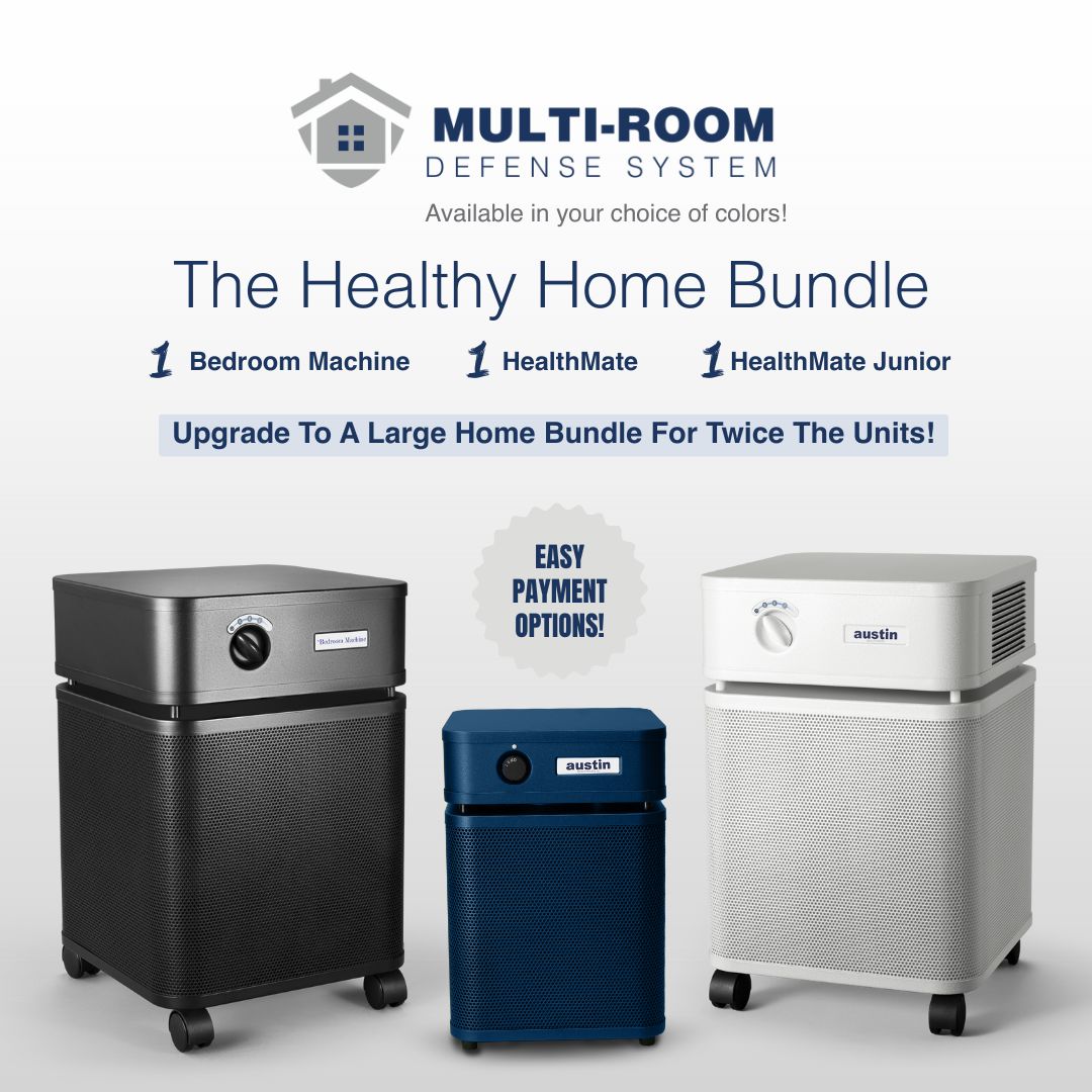 Multi-room defense system with air purifiers on a white background