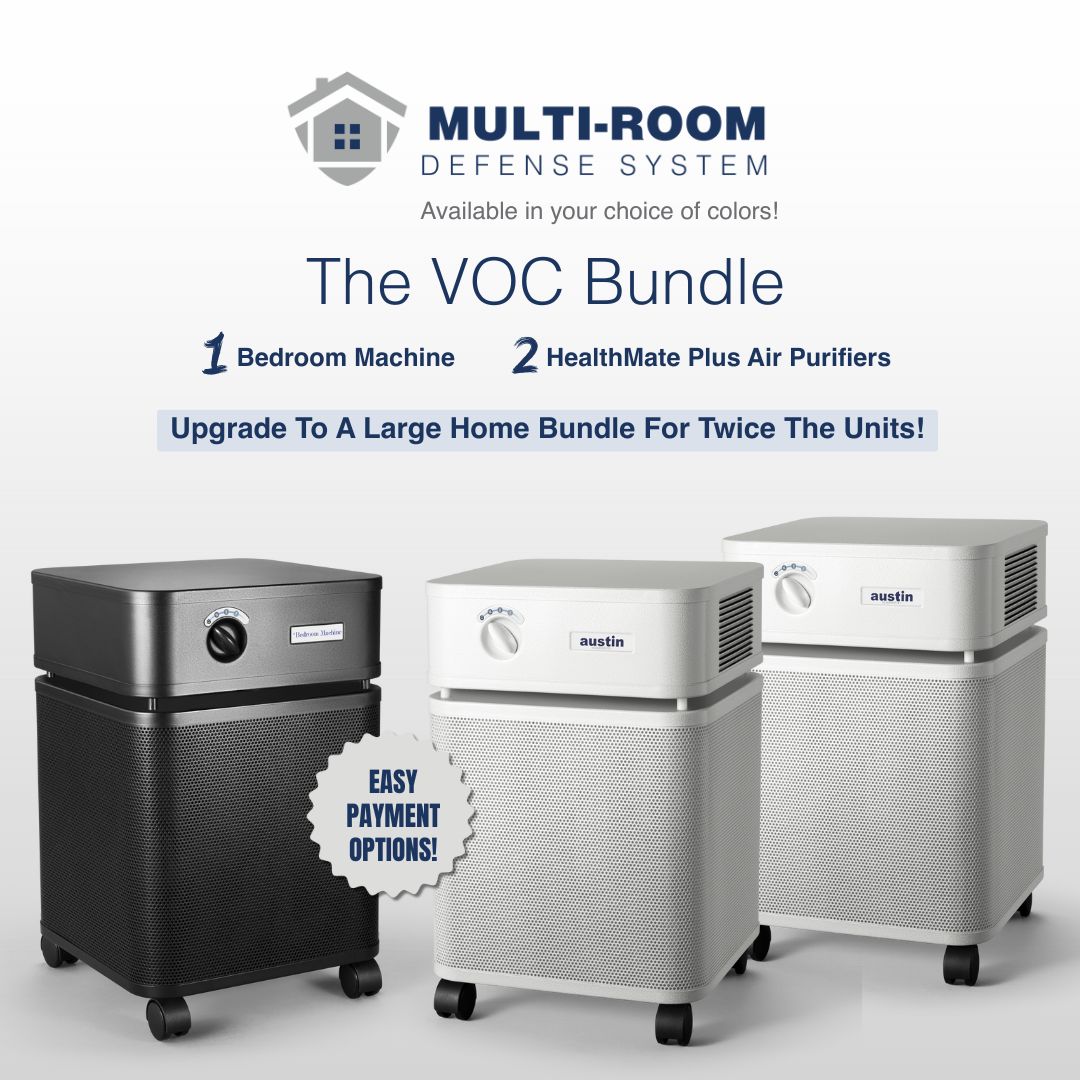 Air purifiers with promotional text for a multi-room defense system on a white background