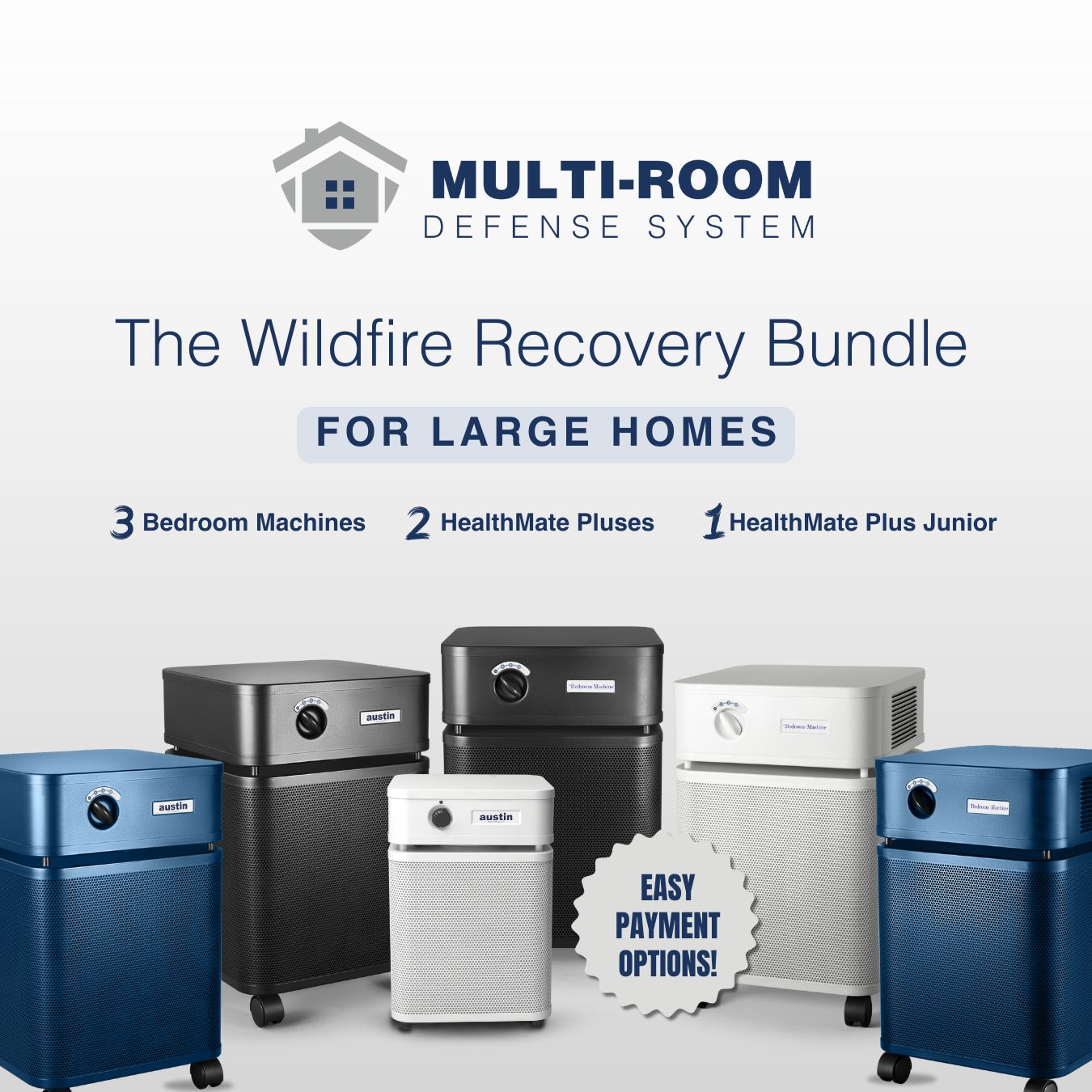 Multi-room defense system wildfire recovery bundle for large homes with various machines on a white background.