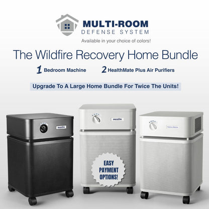 Multi-room defense system with bedroom machine and HealthMate Plus air purifiers on a white background