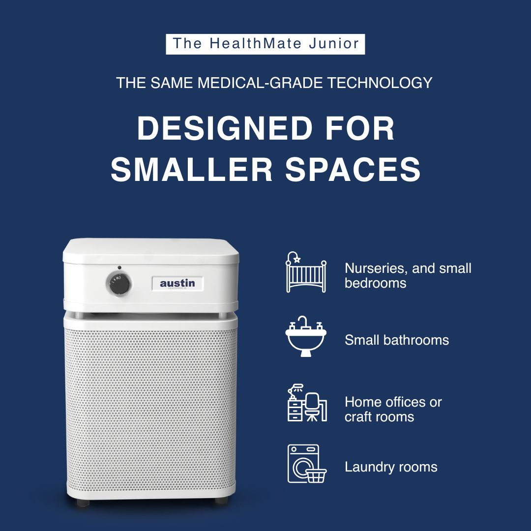 austin air healthmate junior air purifier with text on a blue background describing what spaces it is ideal for