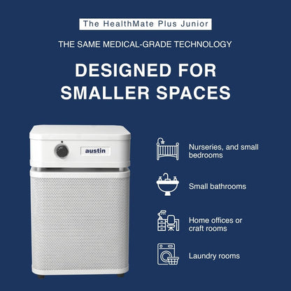 Austin air healthmate plus junior air purifier with text on a blue background explaining what spaces it is ideal for