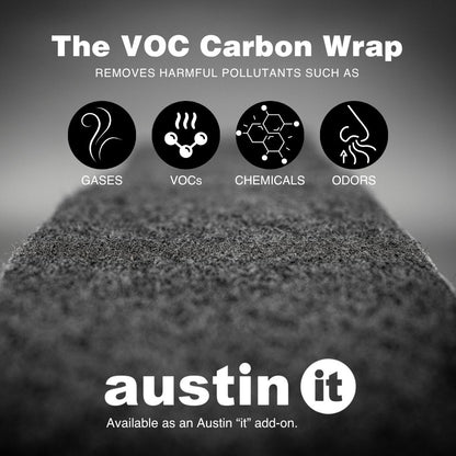 VOC Carbon Wrap product with icons and text on a gray background, featuring the brand 'austin it'.
