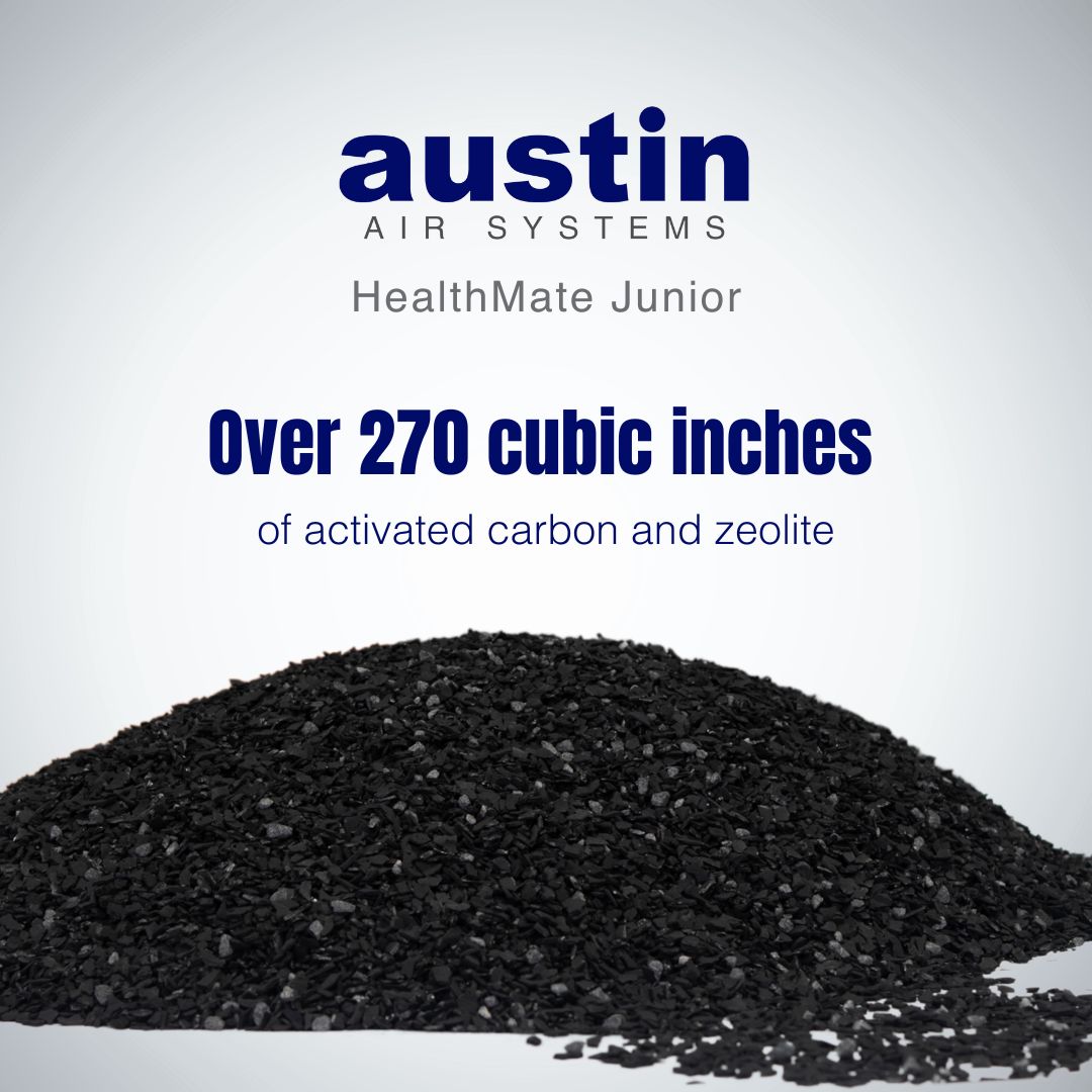 Pile of activated carbon with Austin Air Systems branding and product details on a light gray background
