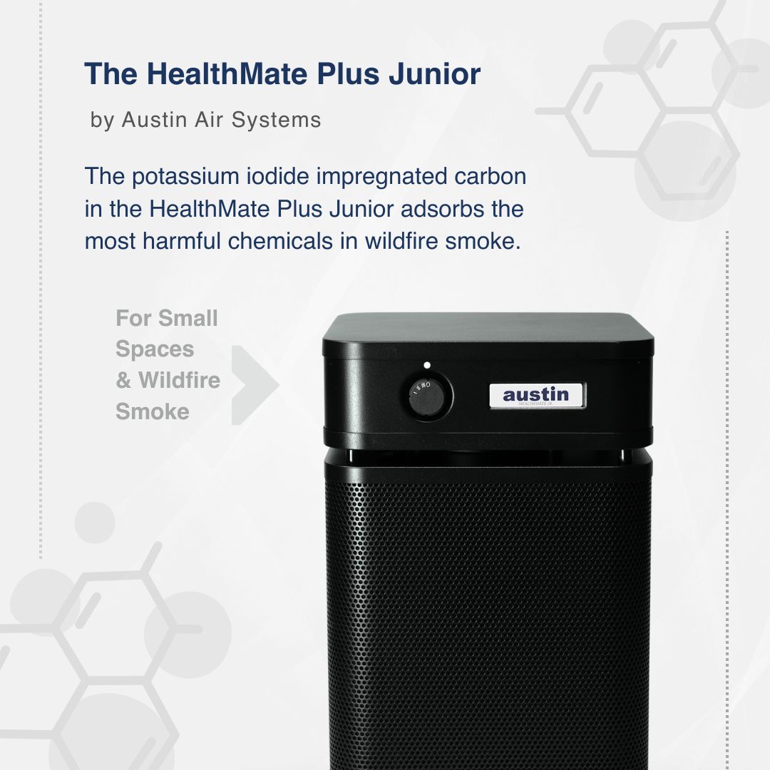 Austin Air HealthMate Plus Junior air purifier on a white background with text about its features.