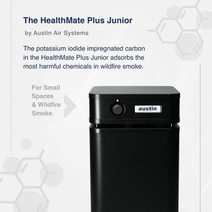 Austin Air HealthMate Plus Junior air purifier on a white background with text about its features.