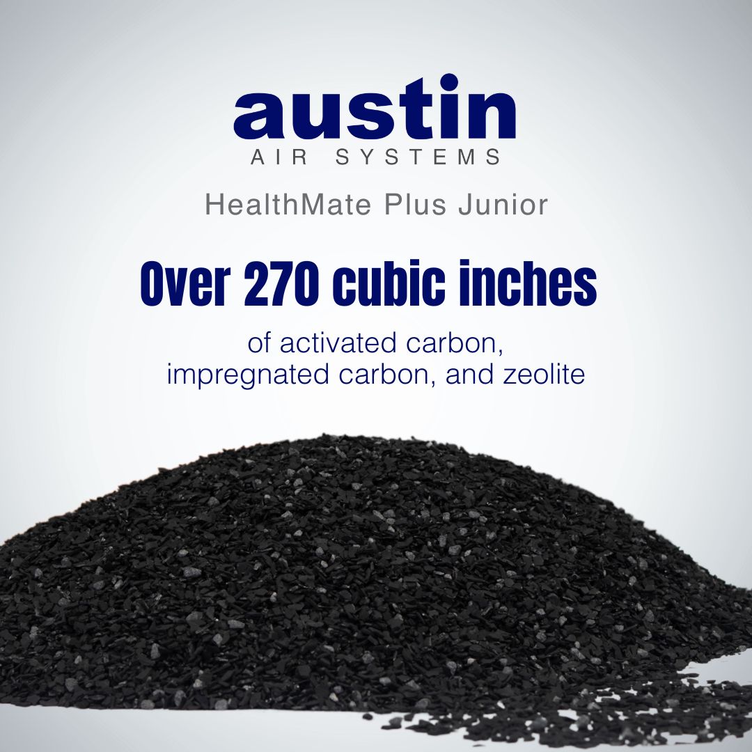 Pile of activated carbon with Austin Air Systems branding and product details.
