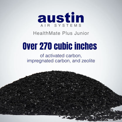 Pile of activated carbon with Austin Air Systems branding and product details.