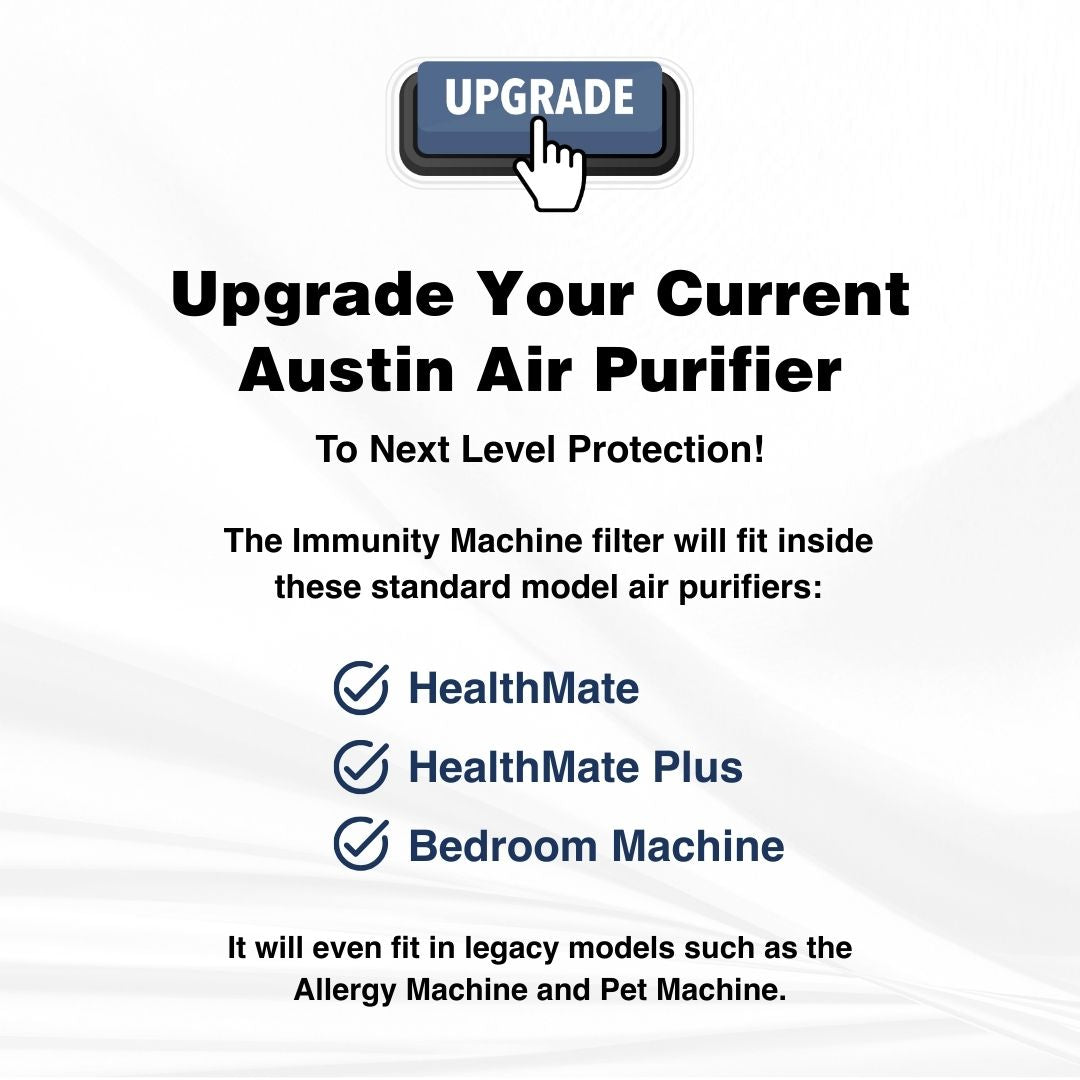 Advertisement for upgrading Austin Air purifiers with a 'Upgrade' button graphic.