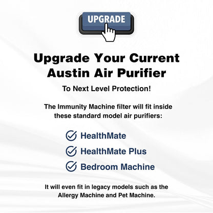 Advertisement for upgrading Austin Air purifiers with a 'Upgrade' button graphic.