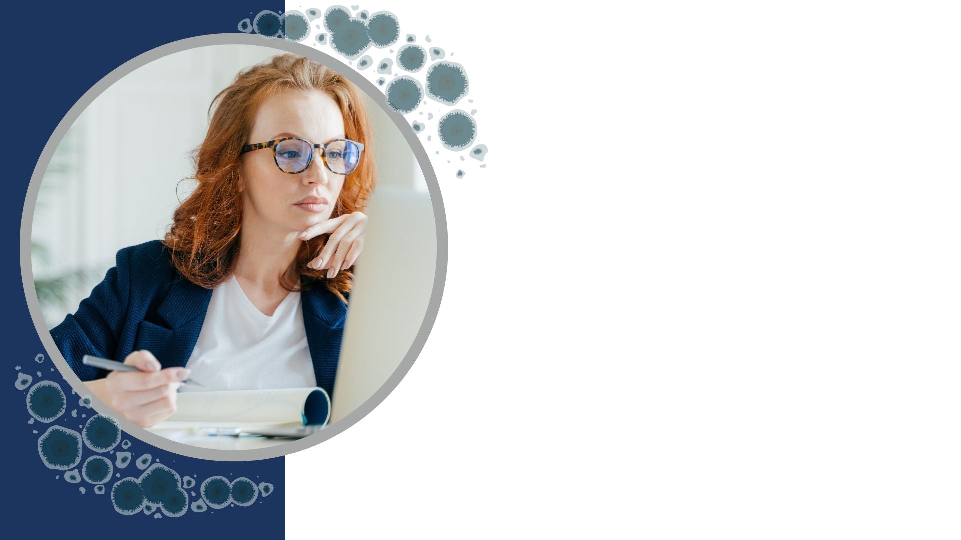 Woman with glasses holding a document against a blue and white background