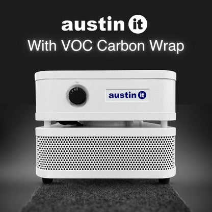 Austin air "it" air purifier with 'austin it' branding on a black background