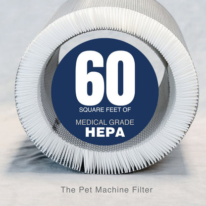 HEPA filter with '60 square feet of medical grade HEPA' text on a blue background