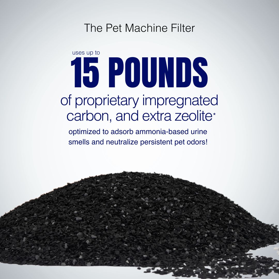 Black impregnated carbon with text about the Pet Machine Filter on a gray background