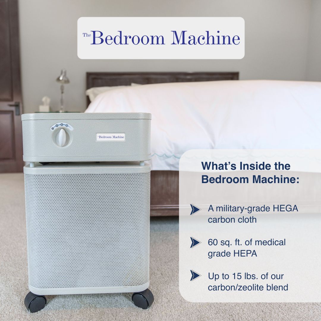 Air purifier labeled 'The Bedroom Machine' in a bedroom setting with features highlighted.