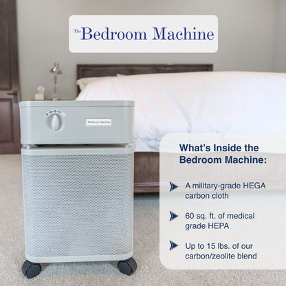 Air purifier labeled 'The Bedroom Machine' in a bedroom setting with features highlighted.