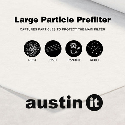 Advertisement for Austin It large particle prefilter with icons and text on a white background