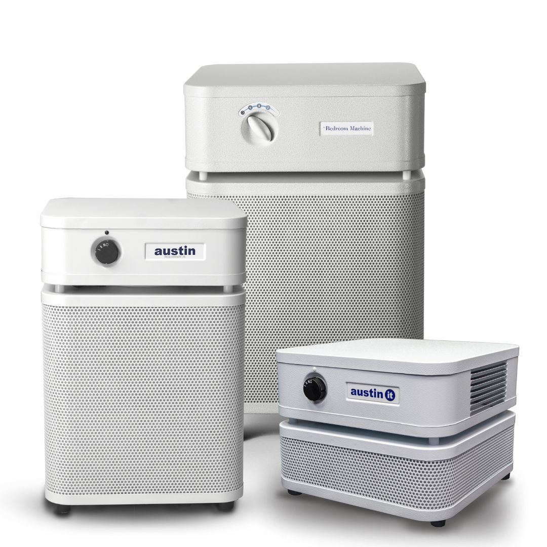 Three sizes of Austin air purifiers on a white background