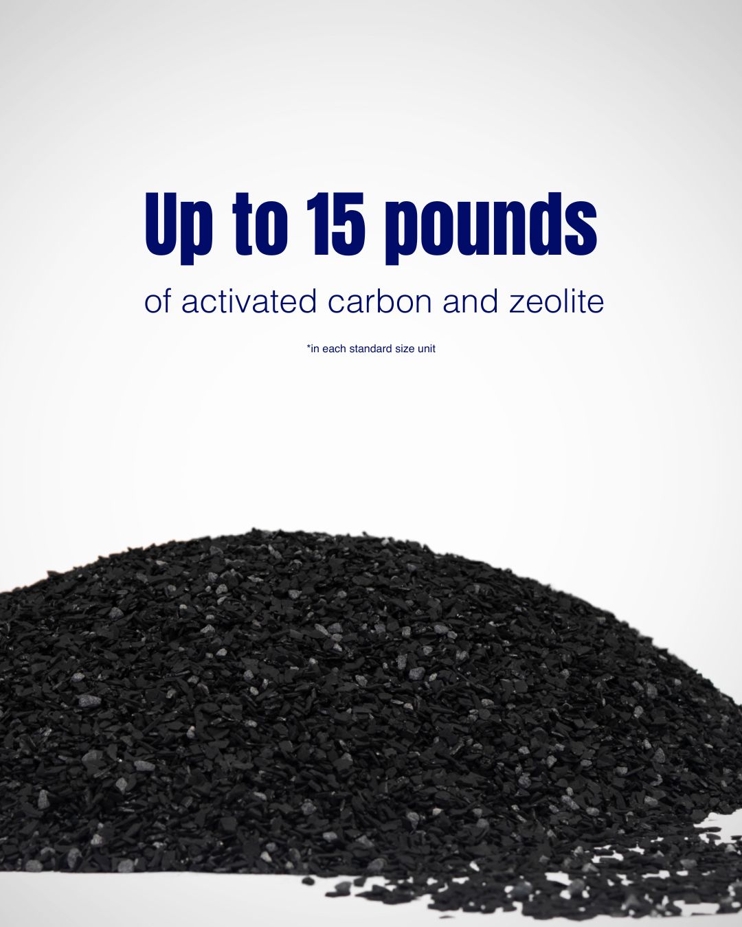Heap of black granulated carbon on a white background with text about 15 lbs. in weight.