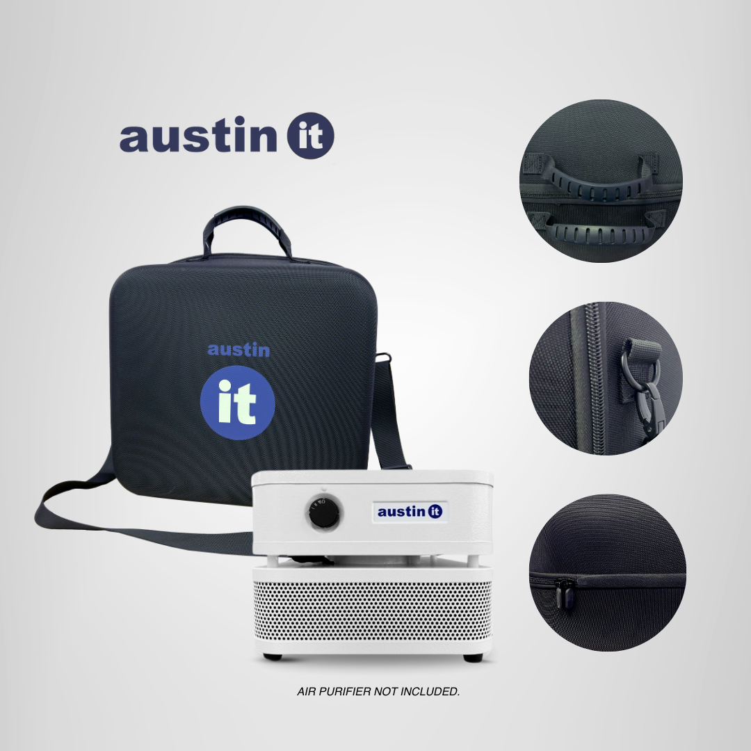White austin air it air purifier with it black carrying case on a light gray background, featuring 'austin it' branding.