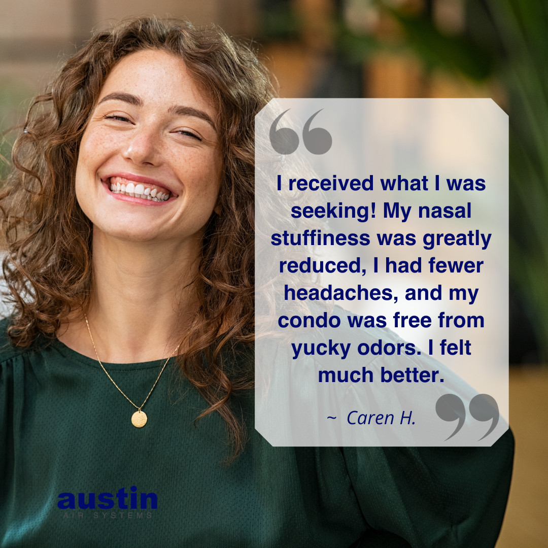 Woman with a smile, overlaid with a testimonial quote about nasal relief and improved quality of life.