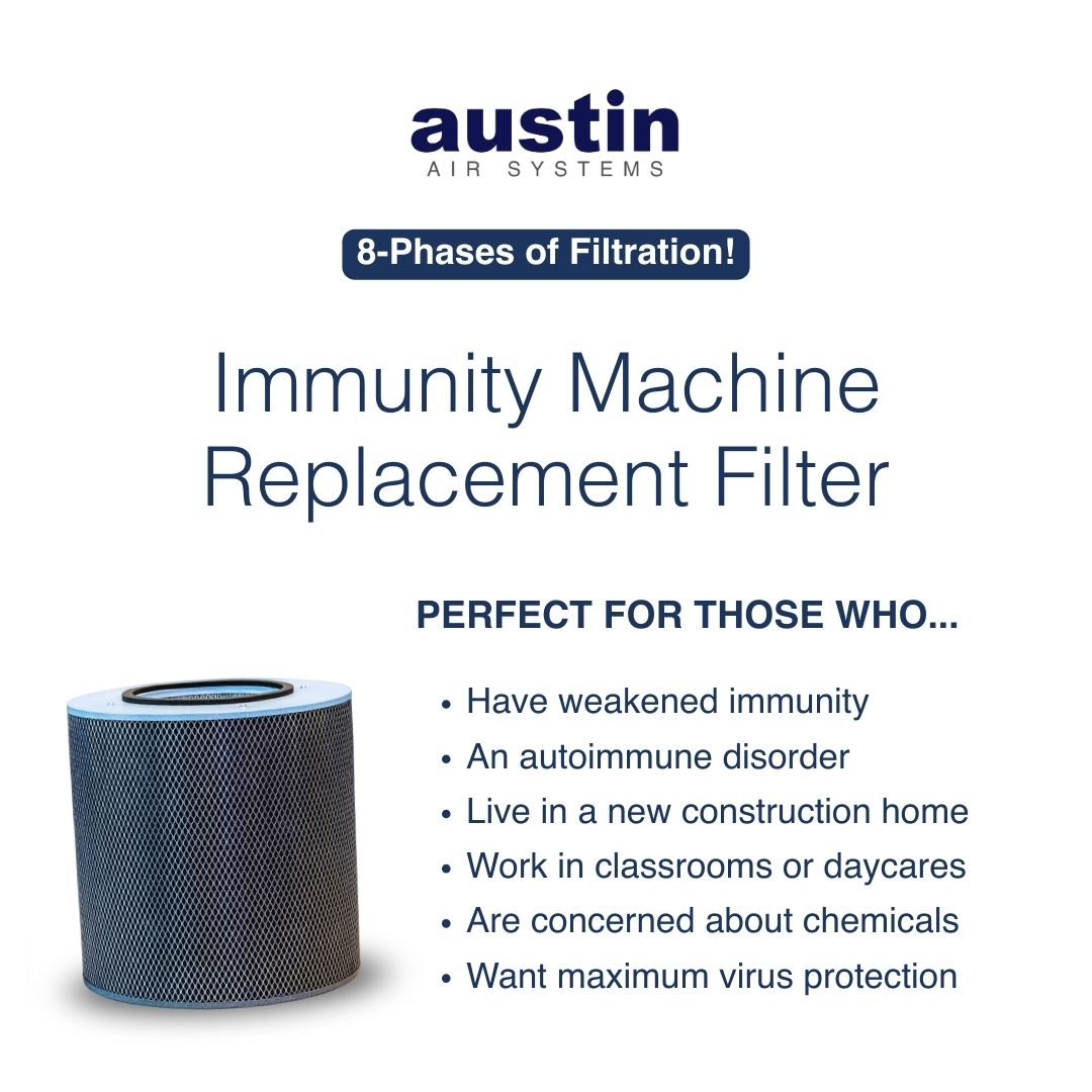 Austin Air Systems immunity machine replacement filter with product details on a white background