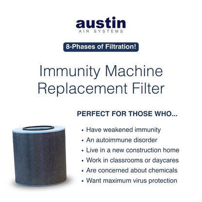 Austin Air Systems immunity machine replacement filter with product details on a white background