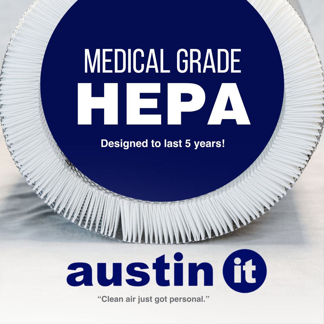HEPA filter with 'Medical Grade' and 'austin it' branding on a white background