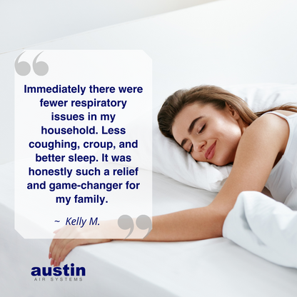 Woman sleeping with a pillow, text about respiratory issues, and Austin Air Systems logo.