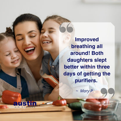 Woman and two children smiling, with a testimonial overlay about Austin Air purifiers.