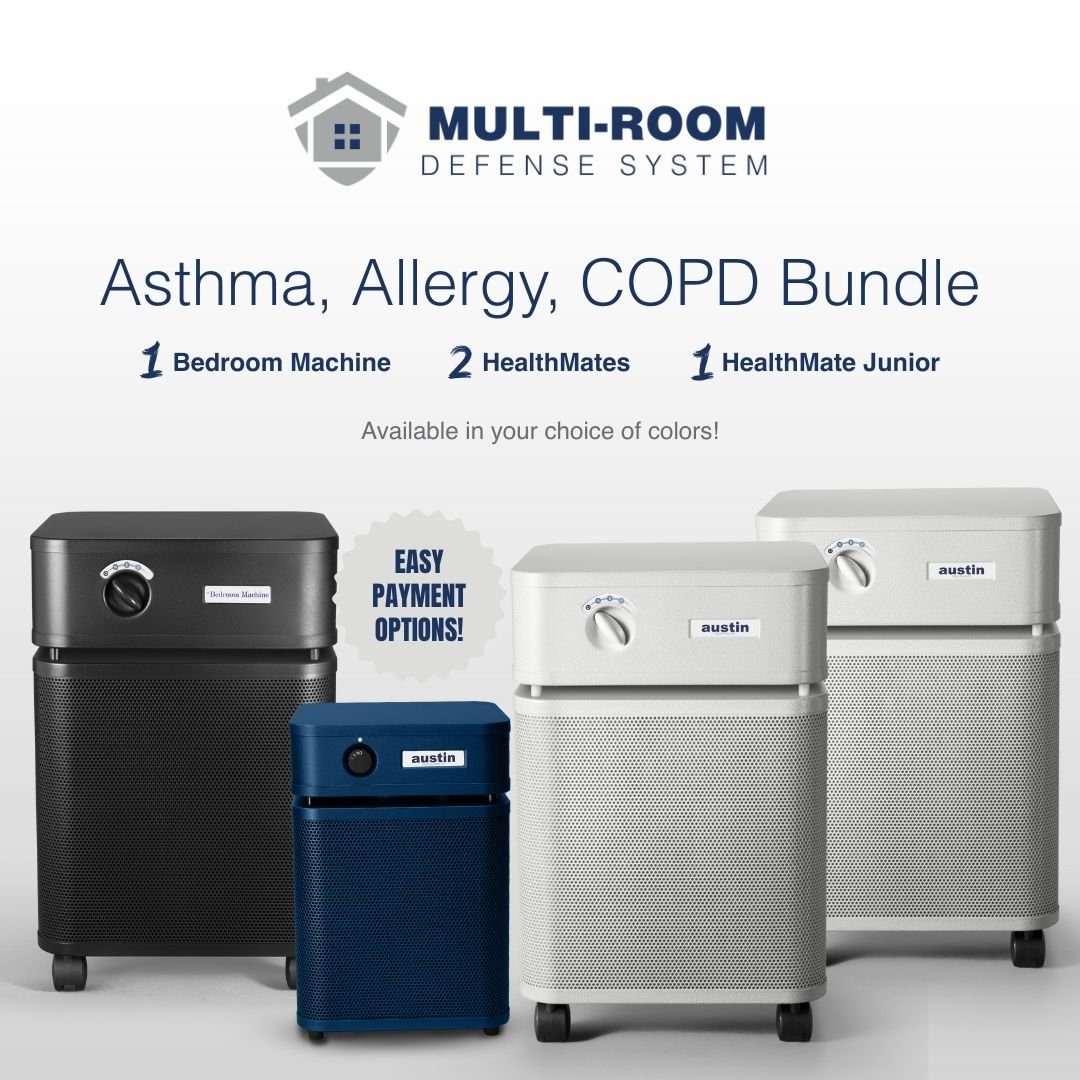 Multi-room defense system with air purifiers on a white background