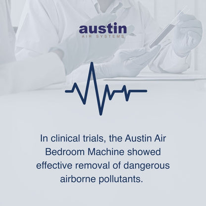 Advertisement for Austin Air Systems with a person using a device and text about clinical trials.